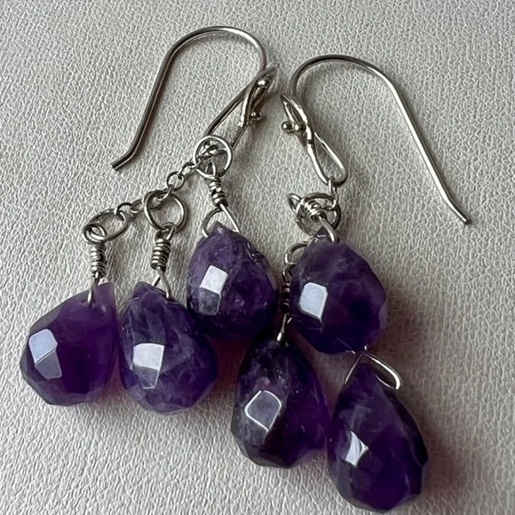 VINTAGE STERLING SILVER PURPLE AMETHYST DANGLE DROP EARRINGS 925 STERLING SILVER